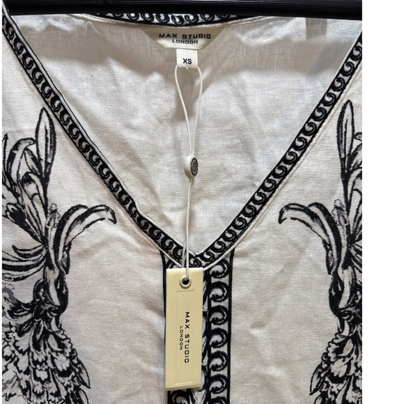 Max Studio London Linen Blend V Neck‎ Embroidered Midi Dress Ivory Black XS - Picture 3 of 8